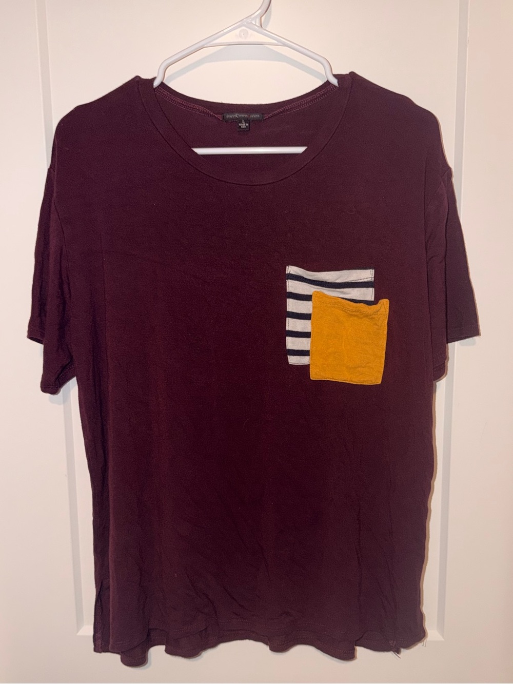 Women’s Short Sleeve Pocket Tee in Burgundy with Striped Accent